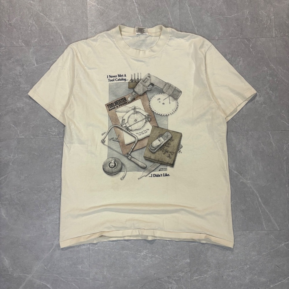 Vintage Oneita Power-Pro Tool Catalog Graphic T-Shirt Mens Large Cream USA Made